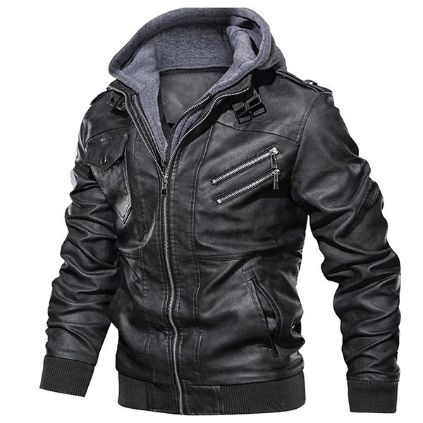 Men's Black Faux Leather Moto Jacket with Grey Hood
