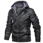 Men's Black Faux Leather Moto Jacket with Grey Hood
