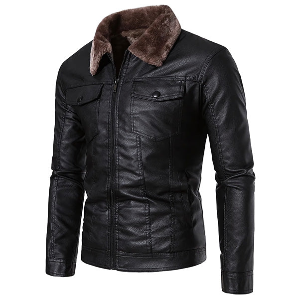 Men's Black Faux Leather Jacket with Sherpa Collar