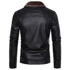 Men's Black Faux Leather Jacket with Sherpa Collar
