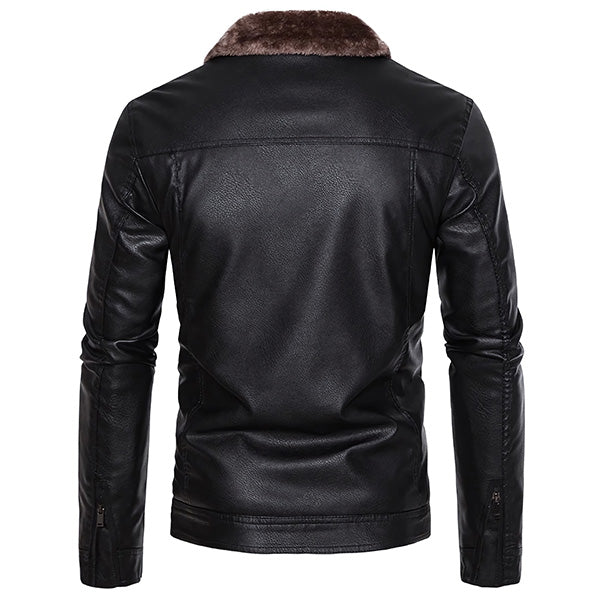 Men's Black Faux Leather Jacket with Sherpa Collar