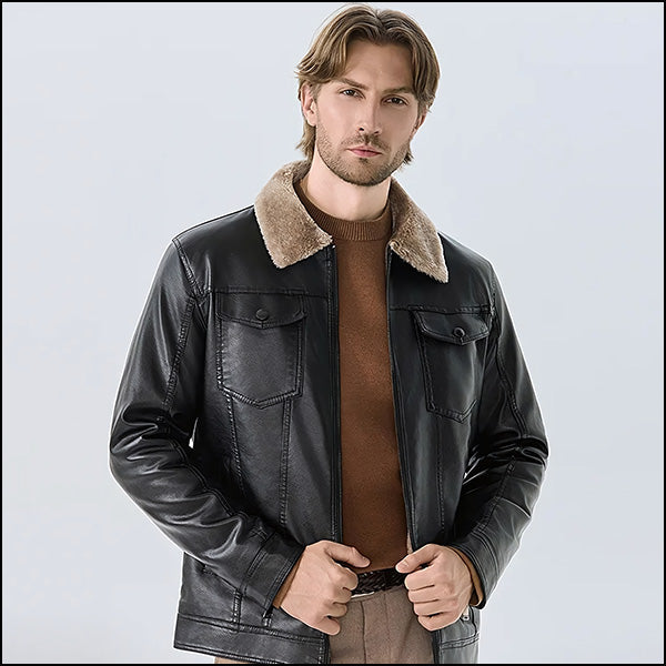 Men's Black Faux Leather Jacket with Sherpa Collar