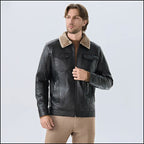 Men's Black Faux Leather Jacket with Sherpa Collar