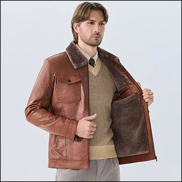 Men's Cognac Faux Leather Jacket with Sherpa Collar