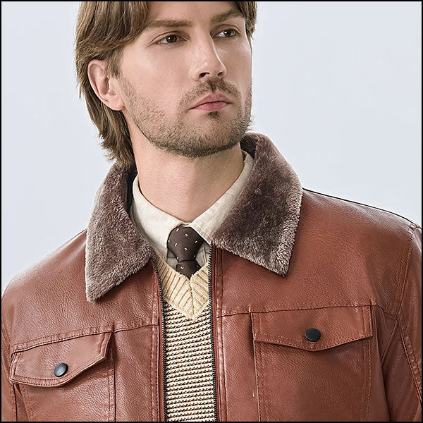Men's Cognac Faux Leather Jacket with Sherpa Collar