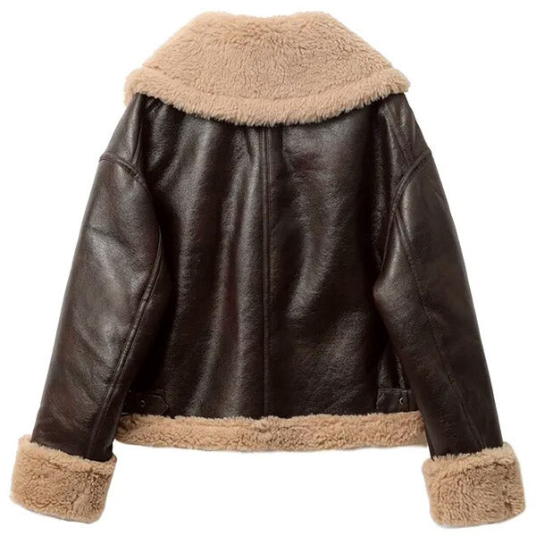 Dark Brown Faux Shearling Cropped Bomber Jacket