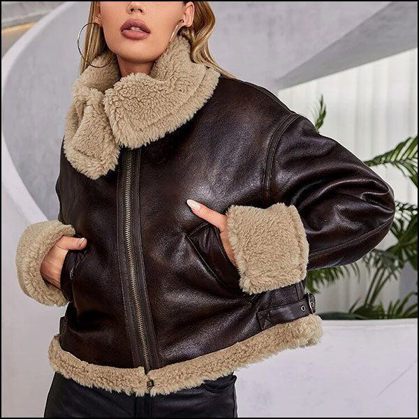 Dark Brown Faux Shearling Cropped Bomber Jacket