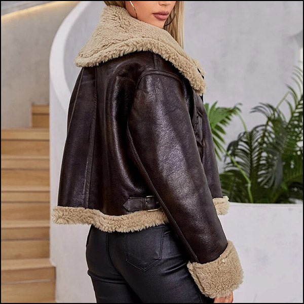 Dark Brown Faux Shearling Cropped Bomber Jacket