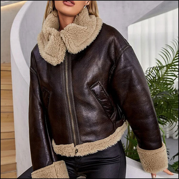 Dark Brown Faux Shearling Cropped Bomber Jacket