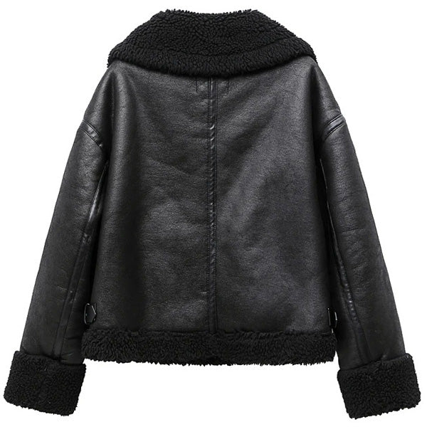 Black Faux Leather Aviator Jacket with Shearling