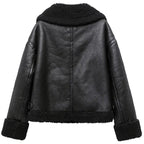 Black Faux Leather Aviator Jacket with Shearling