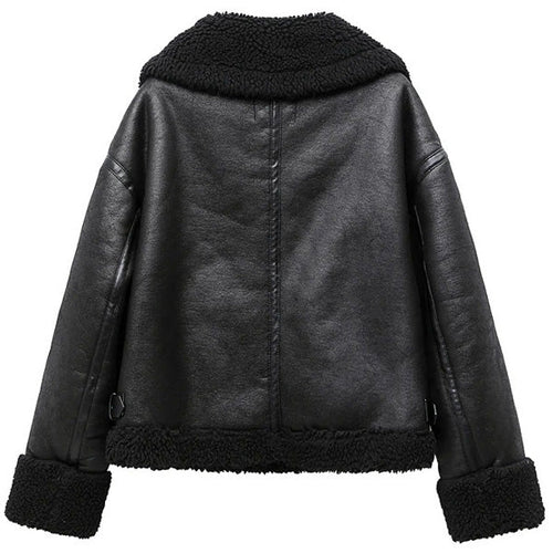 Black Faux Leather Aviator Jacket with Shearling