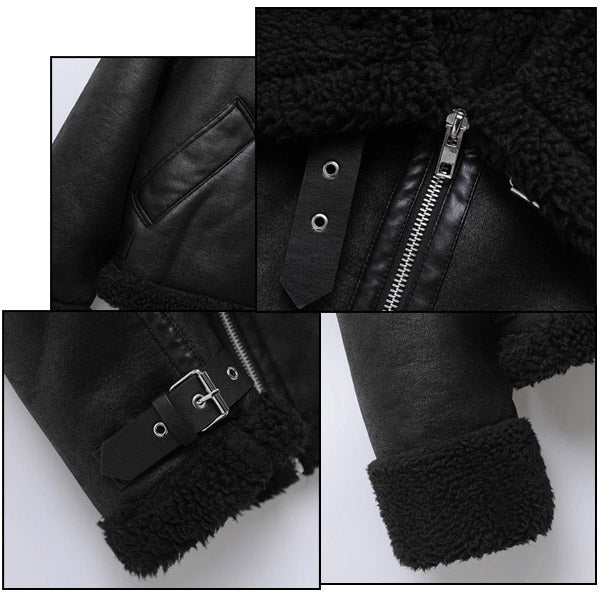 Black Faux Leather Aviator Jacket with Shearling