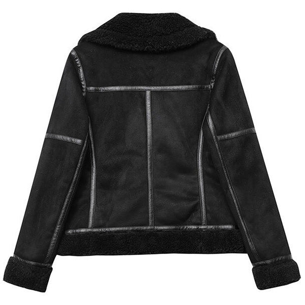 Black Faux Suede Shearling Biker Jacket