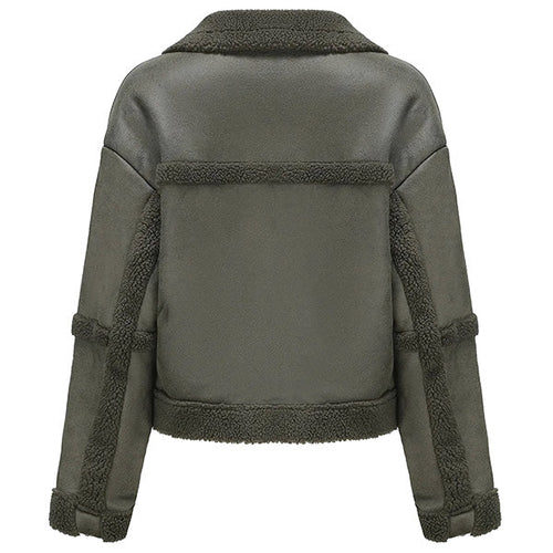 Army Green Cropped Faux Suede Shearling Jacket