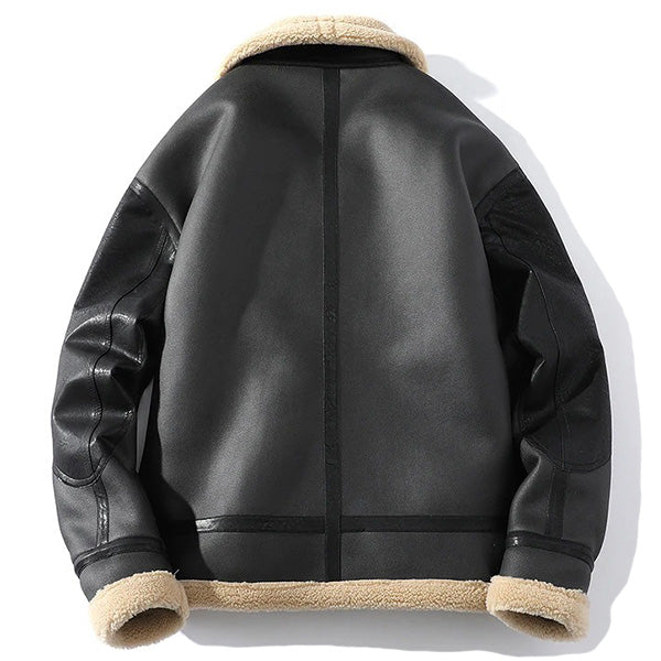Men's Black Faux Leather Aviator Jacket with Shearling