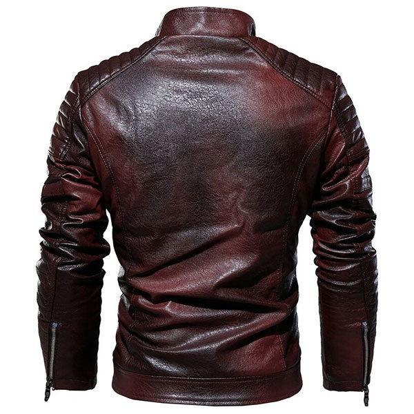 Men's Distressed Dark Red Faux Leather Biker Jacket with Patches