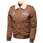 Men's Brown Bomber Jacket with Patches & Shearling Collar