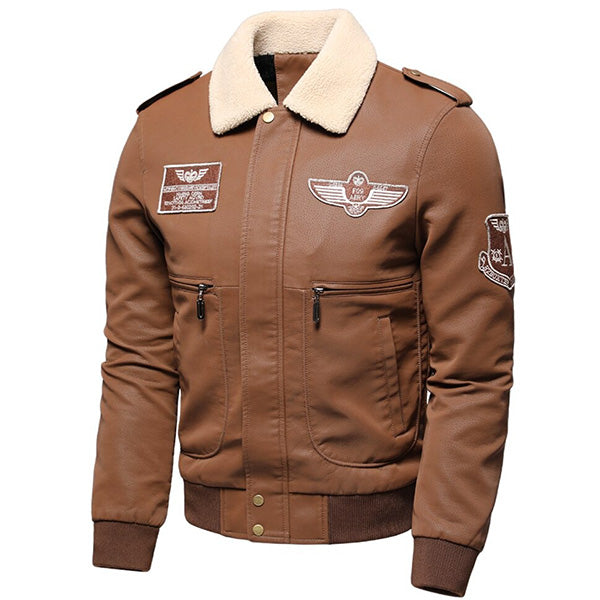 Men's Brown Bomber Jacket with Patches & Shearling Collar