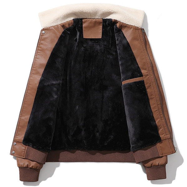 Men's Brown Bomber Jacket with Patches & Shearling Collar