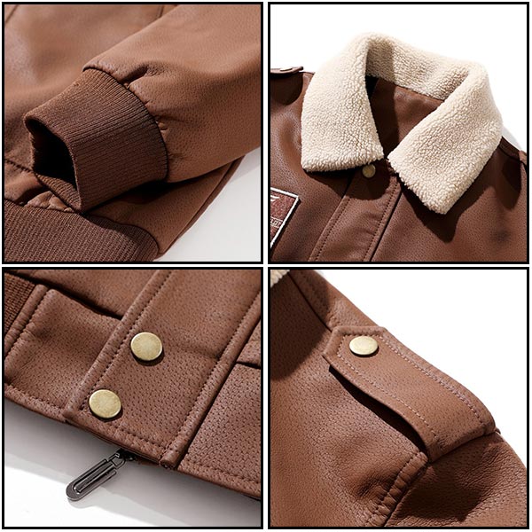 Men's Brown Bomber Jacket with Patches & Shearling Collar