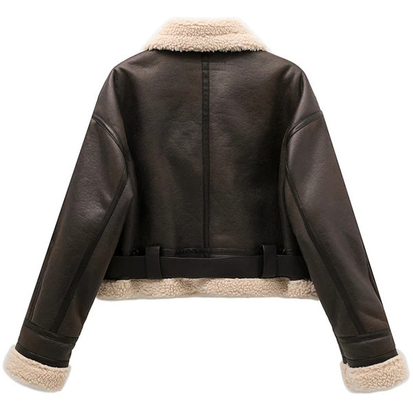 Black Faux Leather Cropped Shearling Jacket
