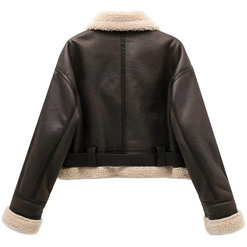 Black Faux Leather Cropped Shearling Jacket