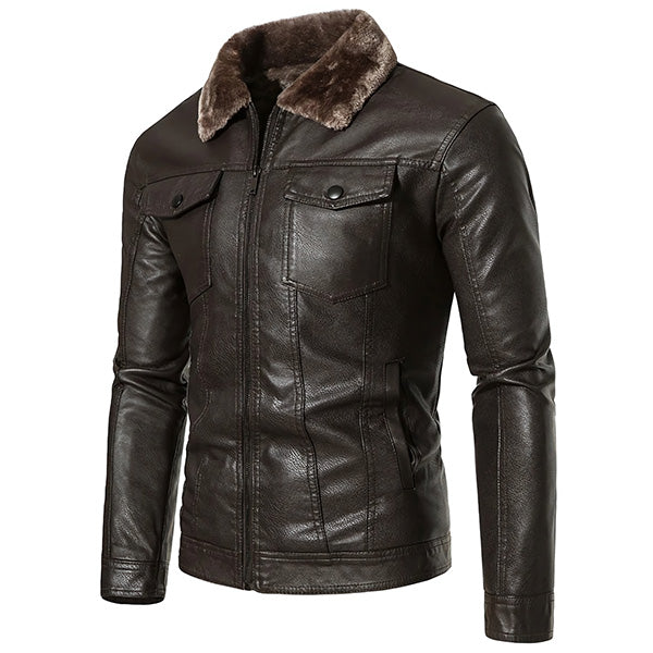 Men's Dark Brown Faux Leather Jacket with Fur Collar