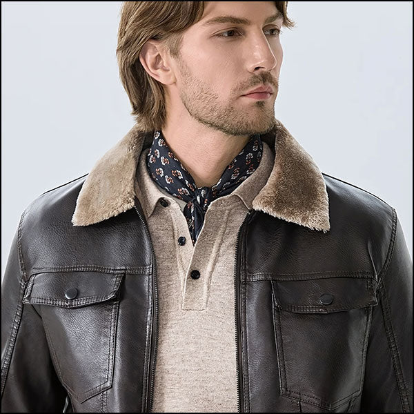 Men's Dark Brown Faux Leather Jacket with Fur Collar