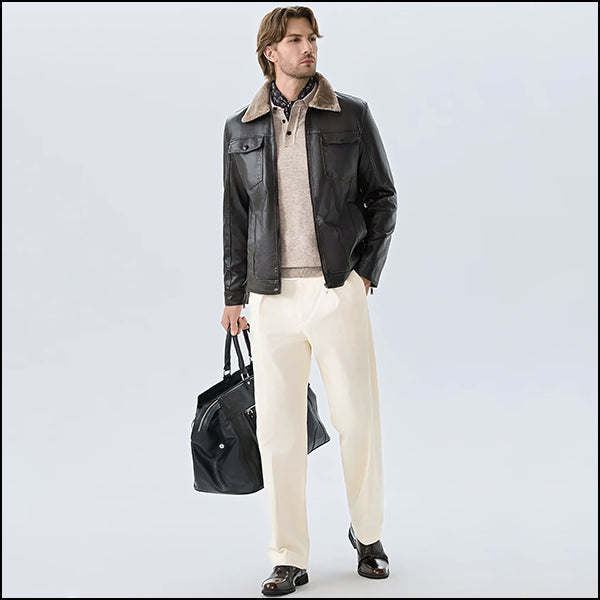 Men's Dark Brown Faux Leather Jacket with Fur Collar