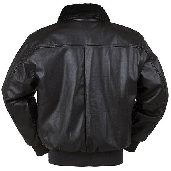 Men's Black Faux Leather Bomber Jacket with Faux Fur Collar