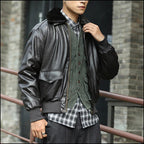 Men's Black Faux Leather Bomber Jacket with Faux Fur Collar