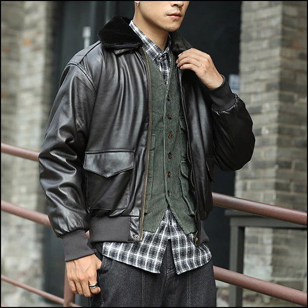 Men's Black Faux Leather Bomber Jacket with Faux Fur Collar