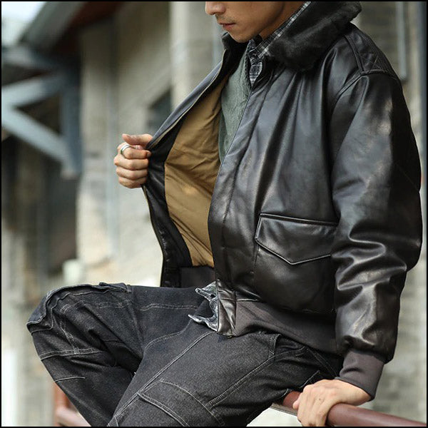 Men's Black Faux Leather Bomber Jacket with Faux Fur Collar