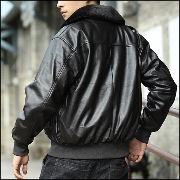 Men's Black Faux Leather Bomber Jacket with Faux Fur Collar