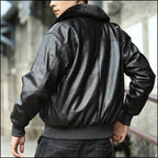 Men's Black Faux Leather Bomber Jacket with Faux Fur Collar
