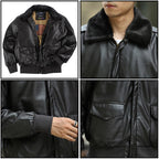 Men's Black Faux Leather Bomber Jacket with Faux Fur Collar