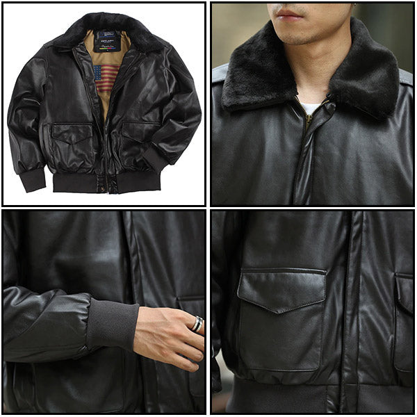 Men's Black Faux Leather Bomber Jacket with Faux Fur Collar