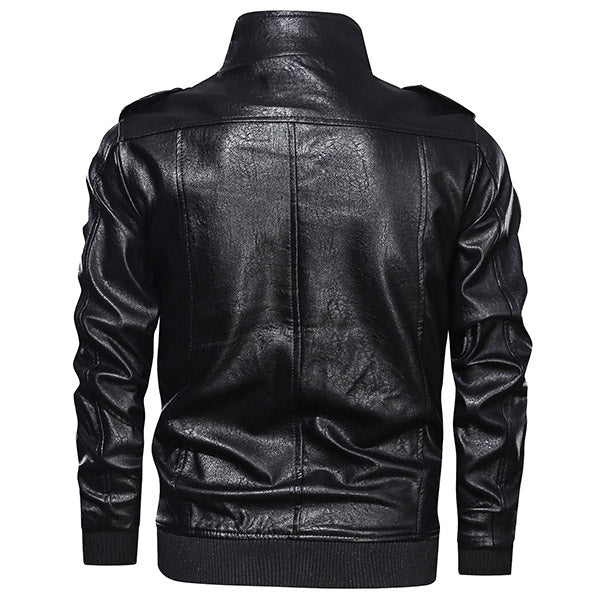 Men's Black Faux Leather Biker Jacket with Stand Collar