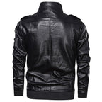 Men's Black Faux Leather Biker Jacket with Stand Collar