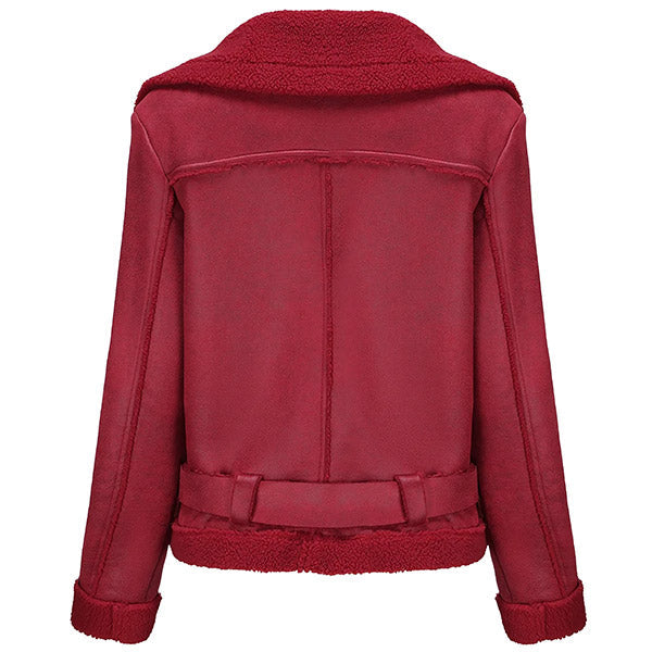 Women's Deep Red Faux Suede Shearling Moto Jacket