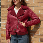 Women's Deep Red Faux Suede Shearling Moto Jacket