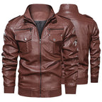 Men's Cognac Faux Leather Biker Jacket with Stand Collar