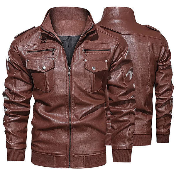 Men's Cognac Faux Leather Biker Jacket with Stand Collar