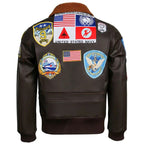 Dark Brown Patched Aviator Bomber Jacket with Fur Collar