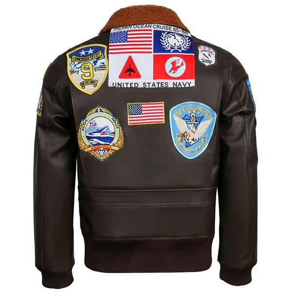 Dark Brown Patched Aviator Bomber Jacket with Fur Collar