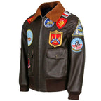 Dark Brown Patched Aviator Bomber Jacket with Fur Collar