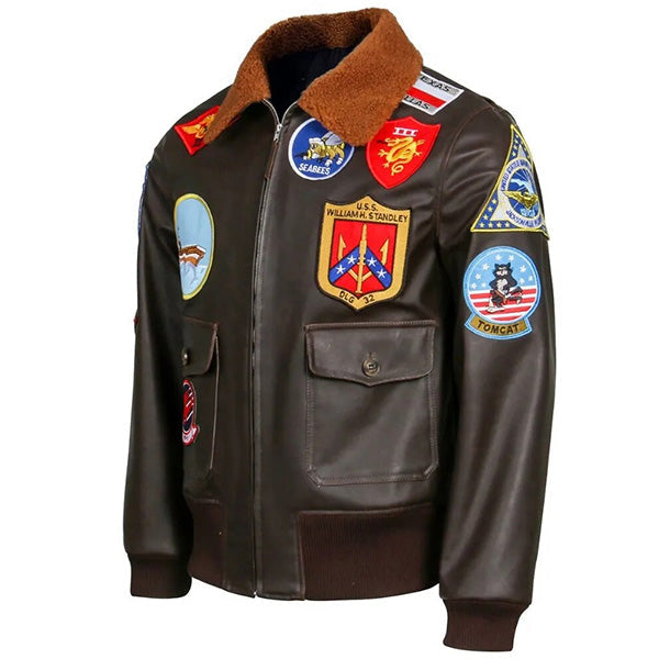 Dark Brown Patched Aviator Bomber Jacket with Fur Collar