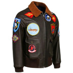 Dark Brown Patched Aviator Bomber Jacket with Fur Collar