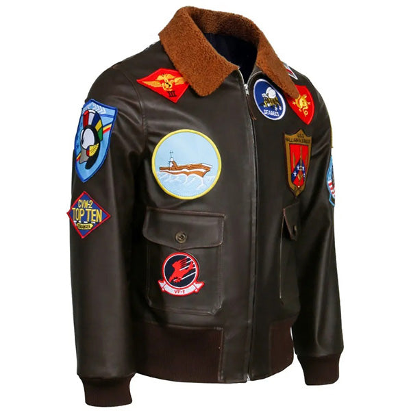 Dark Brown Patched Aviator Bomber Jacket with Fur Collar